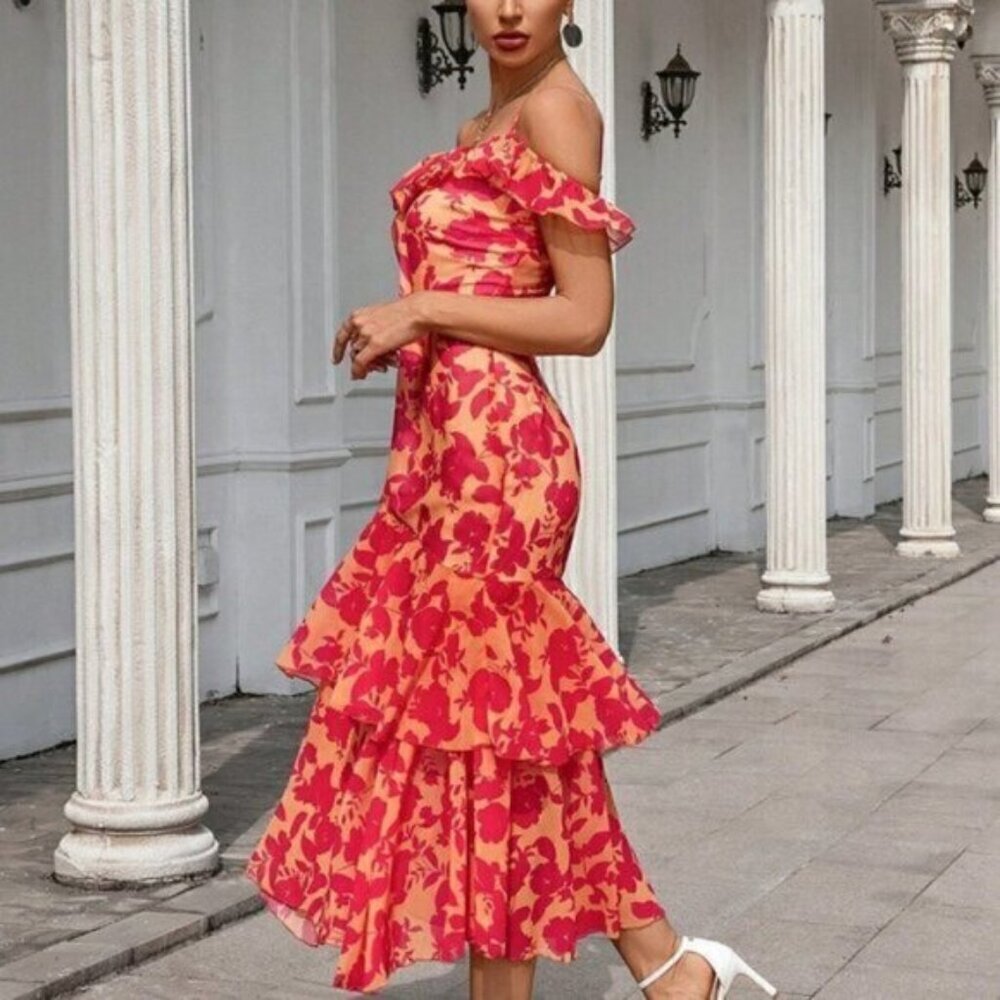 Multicolor BohoWomen's Floral Print Off-Shoulder Neckline Ruffle Trim Cami Dress